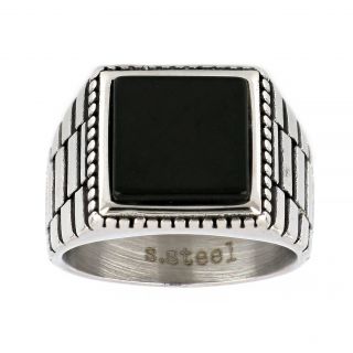 Men's stainless steel embossed square ring with black onyx - 