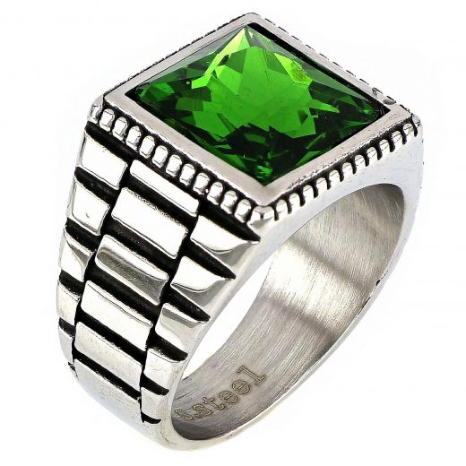Men's stainless steel embossed ring with green crystal