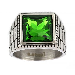 Men's stainless steel embossed ring with green crystal - 