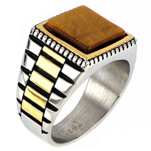 Men's stainless steel two-tone square ring with tiger eye