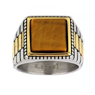 Men's stainless steel two-tone square ring with tiger eye - 
