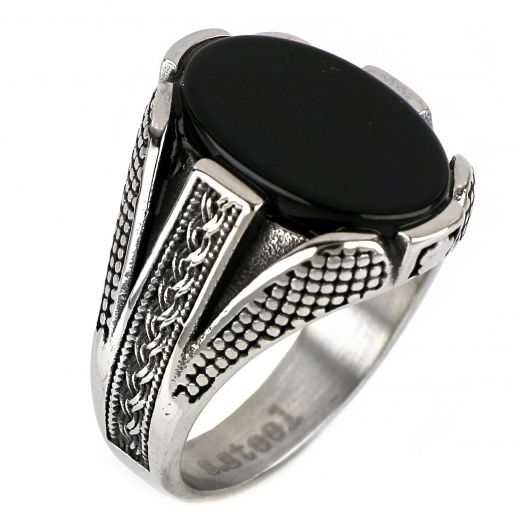 Men's stainless steel dots ring with black onyx