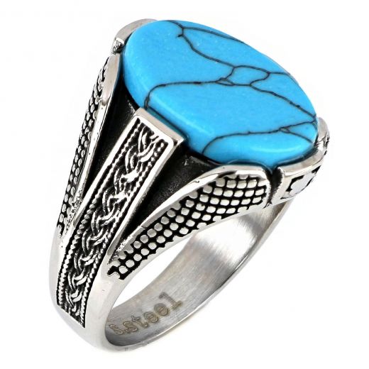 Men's stainless steel dots ring with turquoise stone