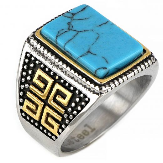 Men's stainless steel two-tone ring with meander and turquoise stone