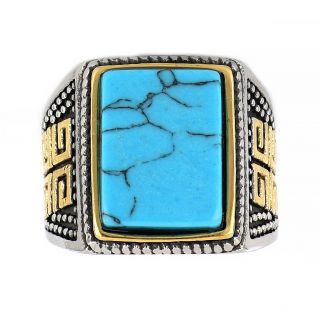 Men's stainless steel two-tone ring with meander and turquoise stone - 