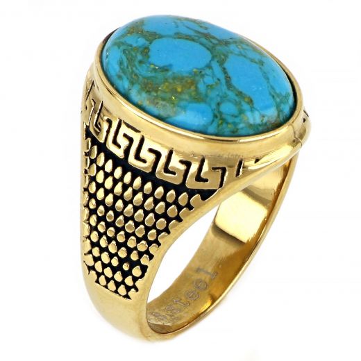 Men's stainless steel gold plated ring with meander and turquoise stone