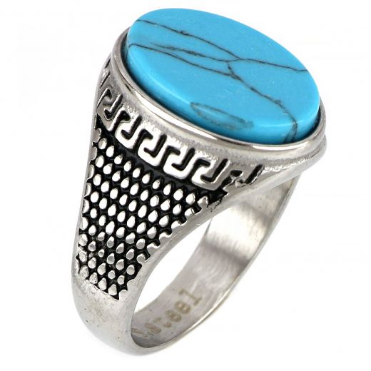 Men's stainless steel embossed ring with meander and turquoise stone