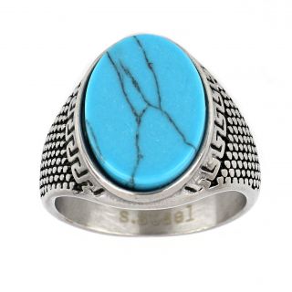 Ανδρικό δαχτυλίδι ατσάλινο ανάγλυφο με μαίανδρο και τυρκουάζ πέτρα - 