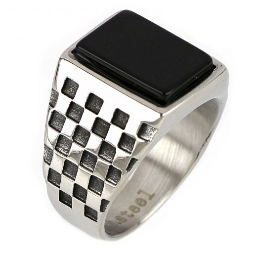 Men's stainless steel ring with checkered pattern and black onyx