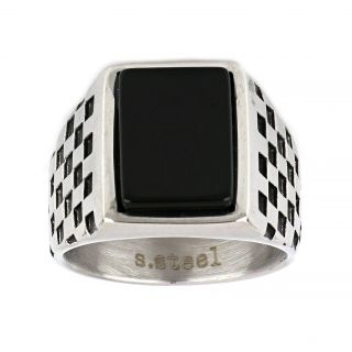 Men's stainless steel ring with checkered pattern and black onyx - 