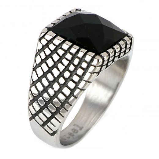 Men's stainless steel ring with embossed design and black onyx