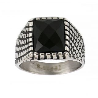 Men's stainless steel ring with embossed design and black onyx - 
