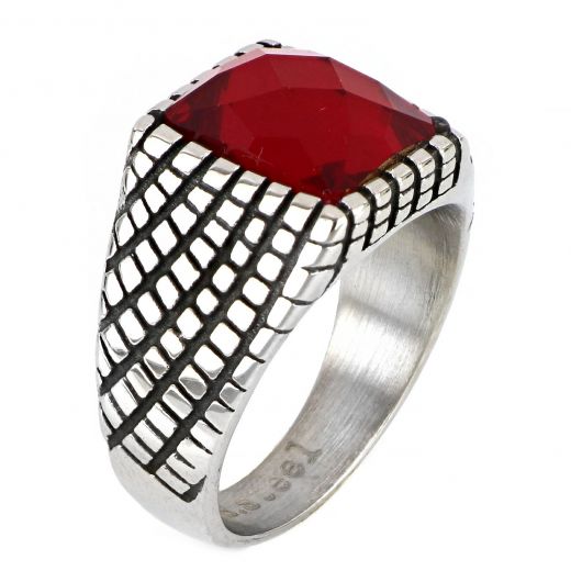 Men's stainless steel ring with embossed design and red crystal