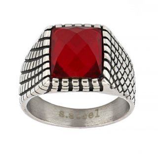 Men's stainless steel ring with embossed design and red crystal - 