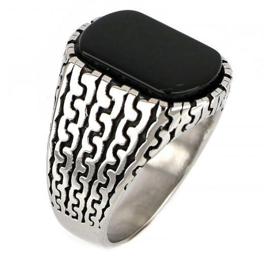 Men's stainless steel ring with wavy lines and black onyx