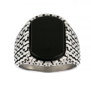 Men's stainless steel ring with wavy lines and black onyx - 