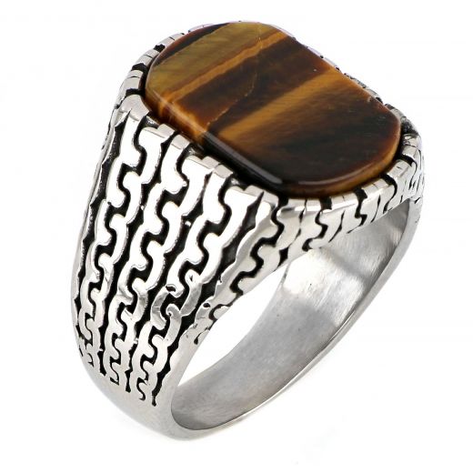 Men's stainless steel ring with wavy lines and tiger eye