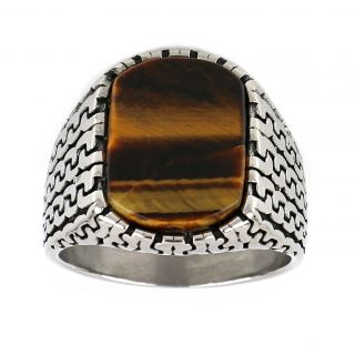 Men's stainless steel ring with wavy lines and tiger eye - 