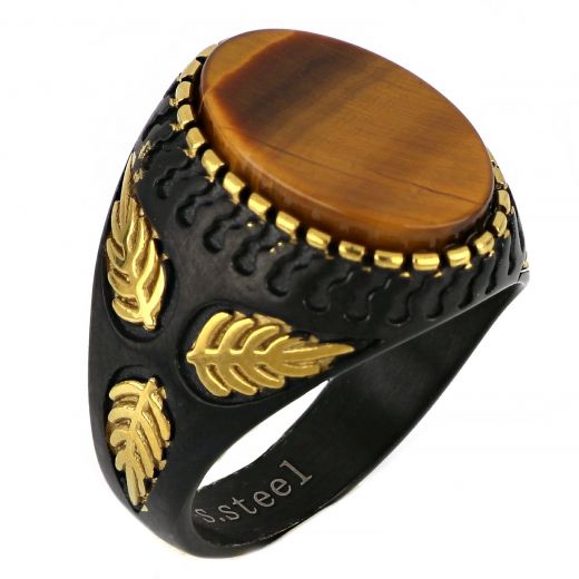 Men's stainless steel two-tone ring with leaves and tiger eye