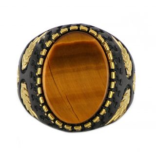 Men's stainless steel two-tone ring with leaves and tiger eye - 