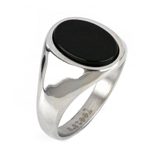 Men's stainless steel ring with oval black onyx
