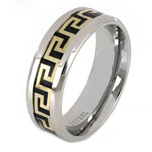Men's stainless steel two-tone ring with meander
