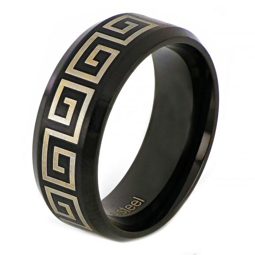 Men's stainless steel two-tone ring with meander