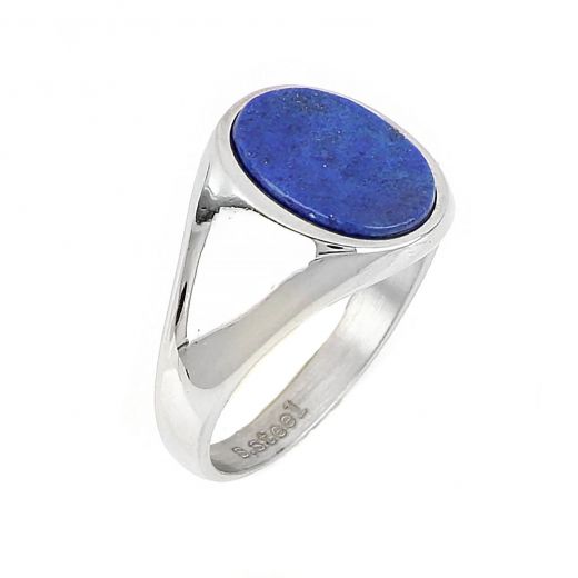 Men's stainless steel ring with oval lapis lazuli stone