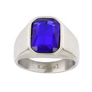 Men's stainless steel ring with square blue crystal - 