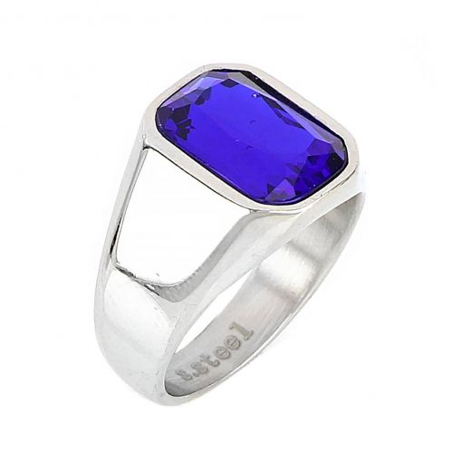 Men's stainless steel ring with square blue crystal
