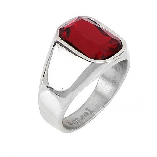 Men's stainless steel ring with square red crystal