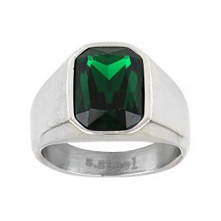 Men's stainless steel ring with square green crystal - 