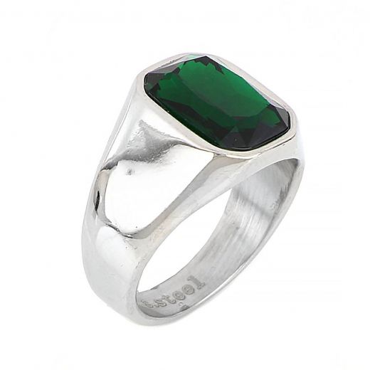 Men's stainless steel ring with square green crystal
