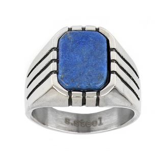 Men's stainless steel ring with square lapis lazuli and embossed lines - 