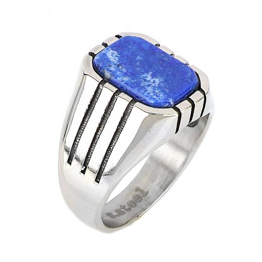 Men's stainless steel ring with square lapis lazuli and embossed lines