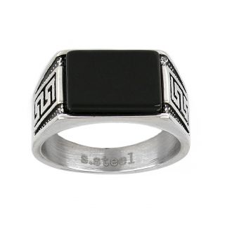 Men's stainless steel ring with onyx and meander design - 