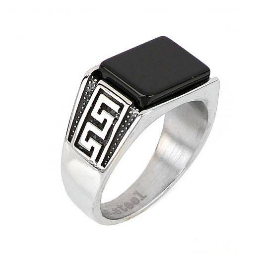 Men's stainless steel ring with onyx and meander design