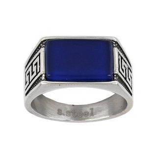 Men's stainless steel ring with blue onyx and meander design - 