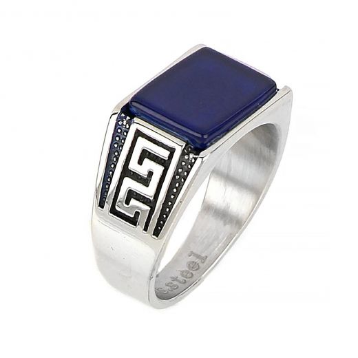 Men's stainless steel ring with blue onyx and meander design
