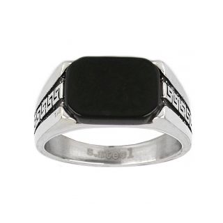 Men's stainless steel ring with black onyx and delicate meander design - 