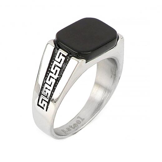 Men's stainless steel ring with black onyx and delicate meander design