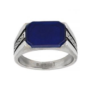 Men's stainless steel ring with blue onyx and delicate meander design - 