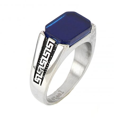 Men's stainless steel ring with blue onyx and delicate meander design