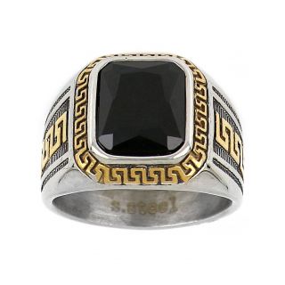 Ανδρικό δαχτυλίδι ατσάλινο με μαύρο κρύσταλλο, χρυσό μαίανδρο και ανάγλυφες γραμμές - 
