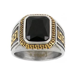 Men's stainless steel ring with black crystal, gold meander and embossed lines - 