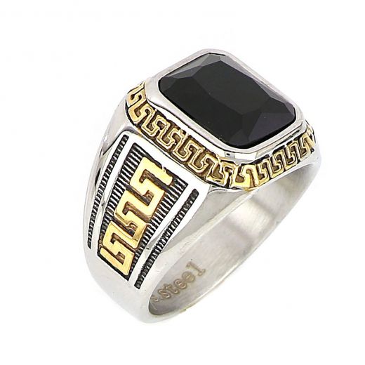 Men's stainless steel ring with black crystal, gold meander and embossed lines