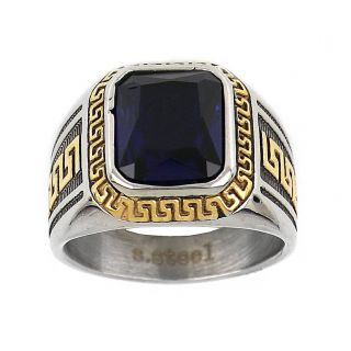 Men's stainless steel ring with blue crystal, gold meander and embossed lines - 