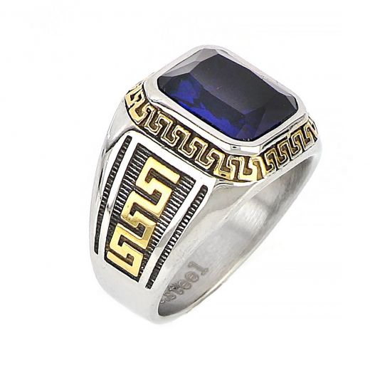 Men's stainless steel ring with blue crystal, gold meander and embossed lines