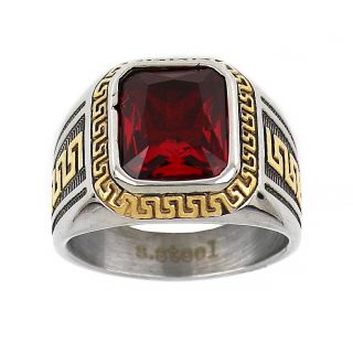 Men's stainless steel ring with red crystal, gold meander and embossed lines - 