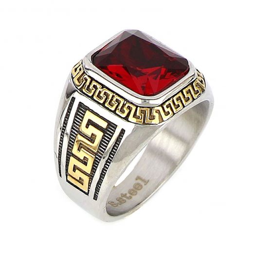 Men's stainless steel ring with red crystal, gold meander and embossed lines